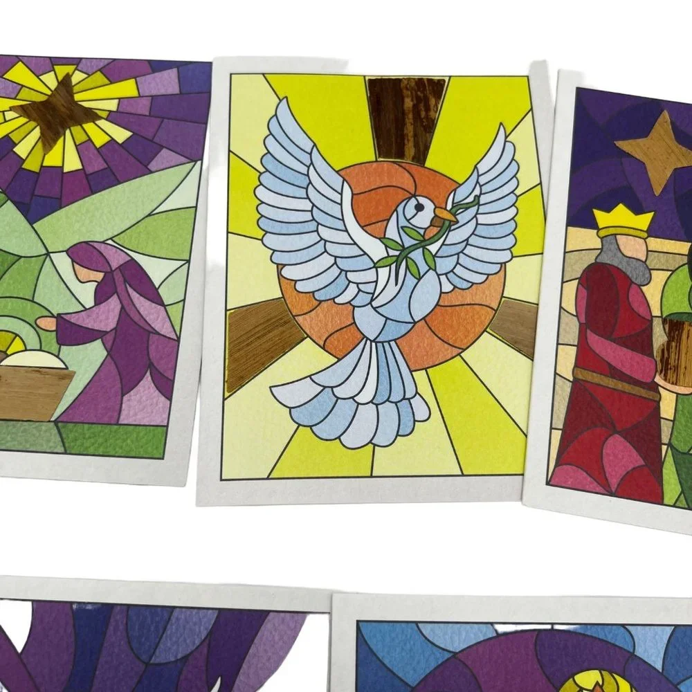 NEW Christmas Greeting Cards Religious Banana Bark Stained Glass Textured Set 5